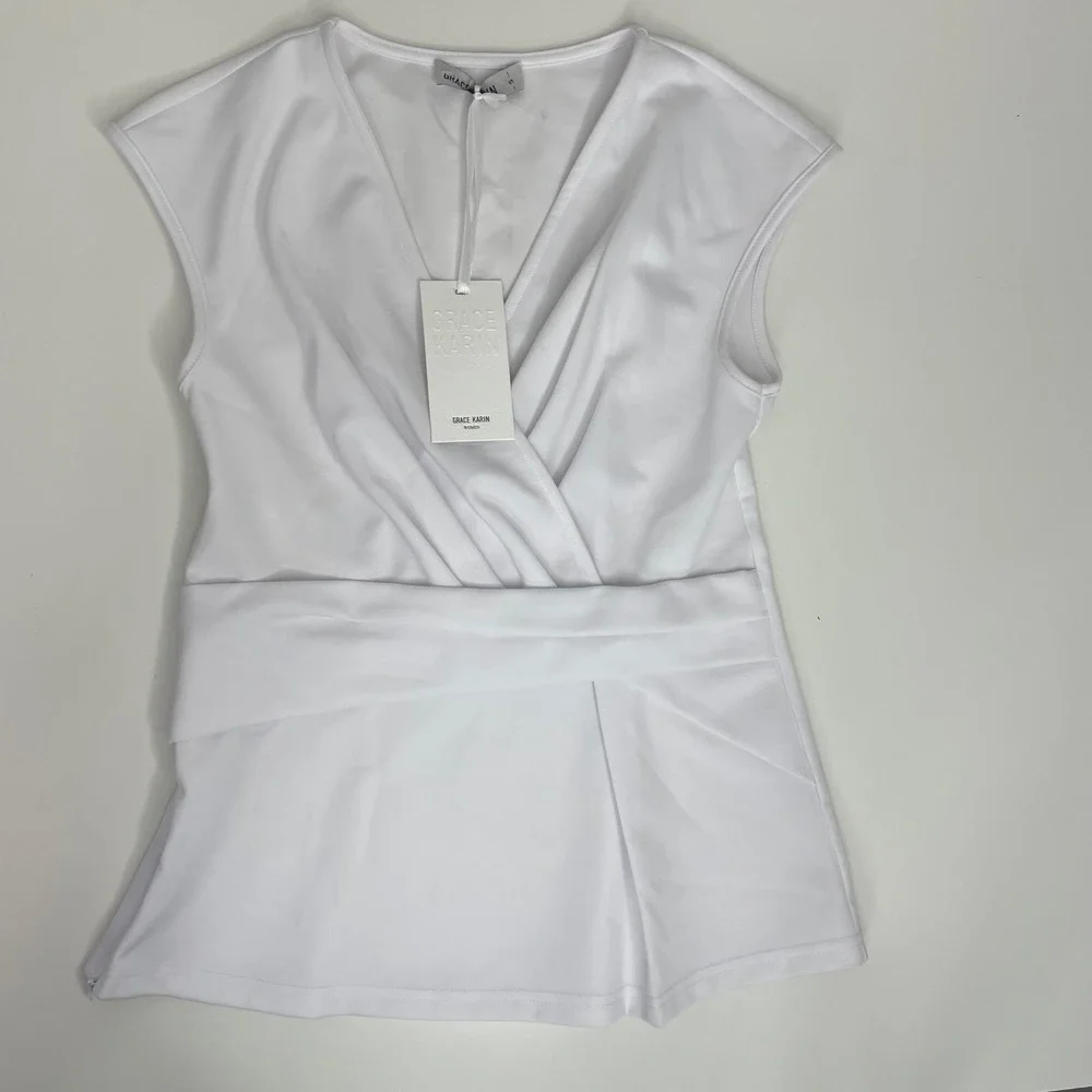 Grace Karin NWT Womens White Sleeveless Wrap V-Neck Blouse Top Side Zip Size S - Picture 4 of 10